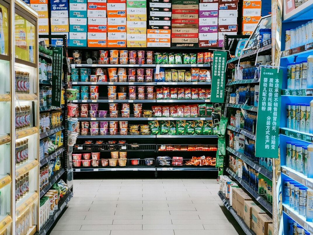 supermarket shelves with products