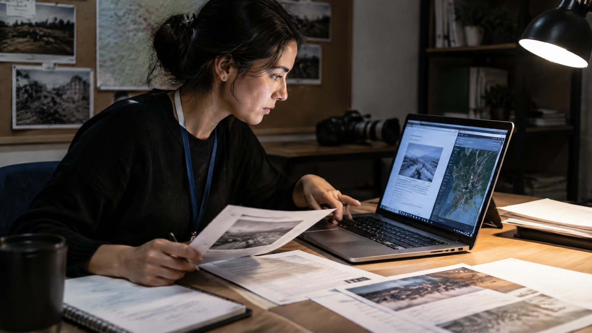 Jornalista a verificar informação num computador portátil com documentos ao lado