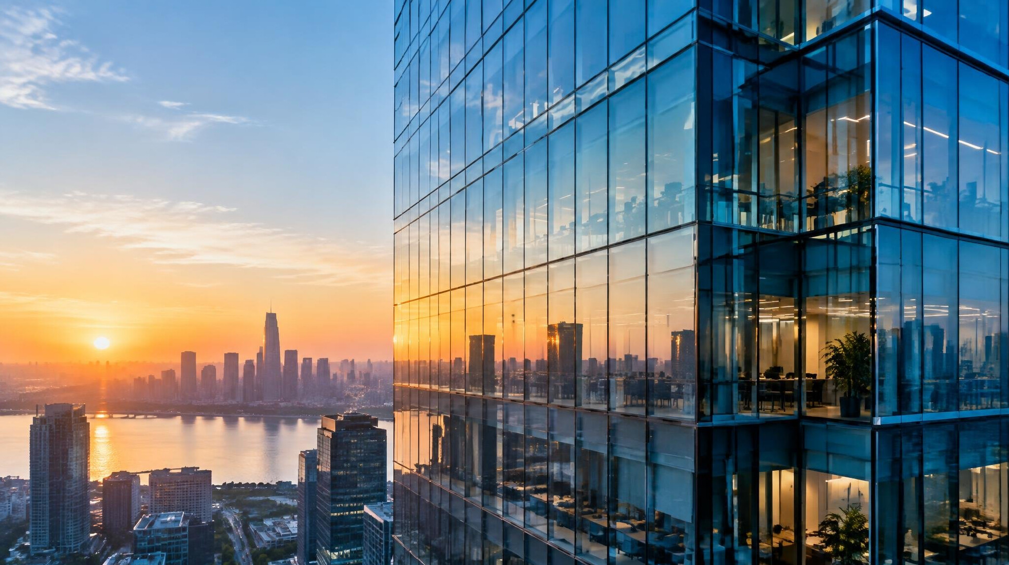 Fachada de edifício financeiro moderno em vidro ao nascer do dia